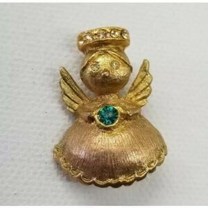Vintage Angel Brooch Pin Crystal Eyes Halo Small 1970s-1980s Christmas